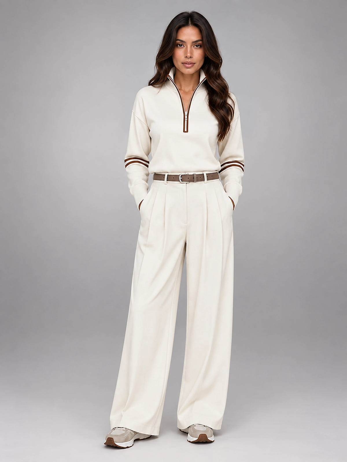Women's Suit Pants – Belted High Waisted Wide Leg - Beige