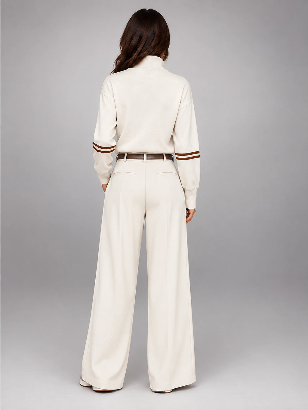 Women's Suit Pants – Belted High Waisted Wide Leg - Beige