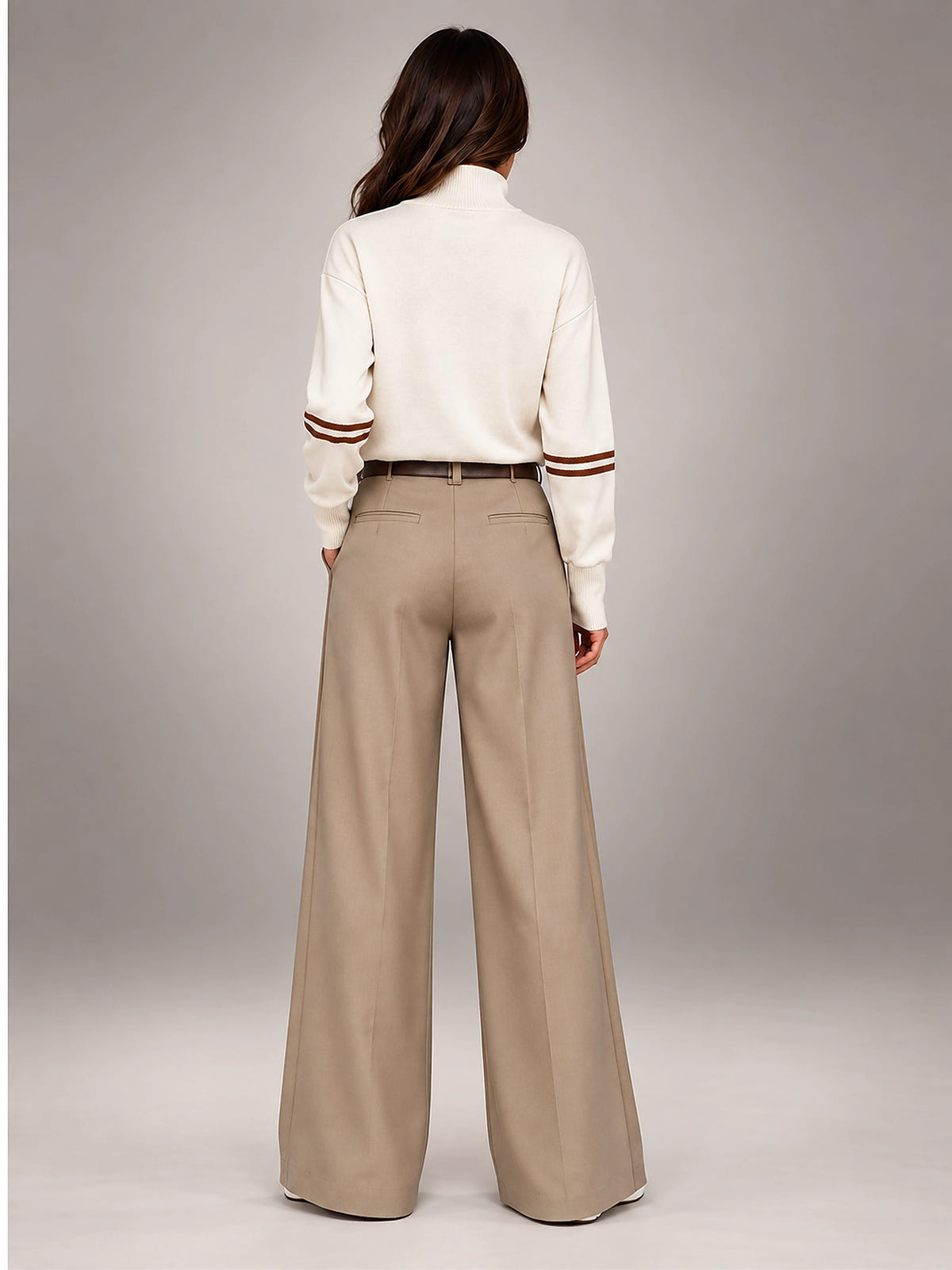 Women's Suit Pants – Belted High Waisted Wide Leg - Khaki