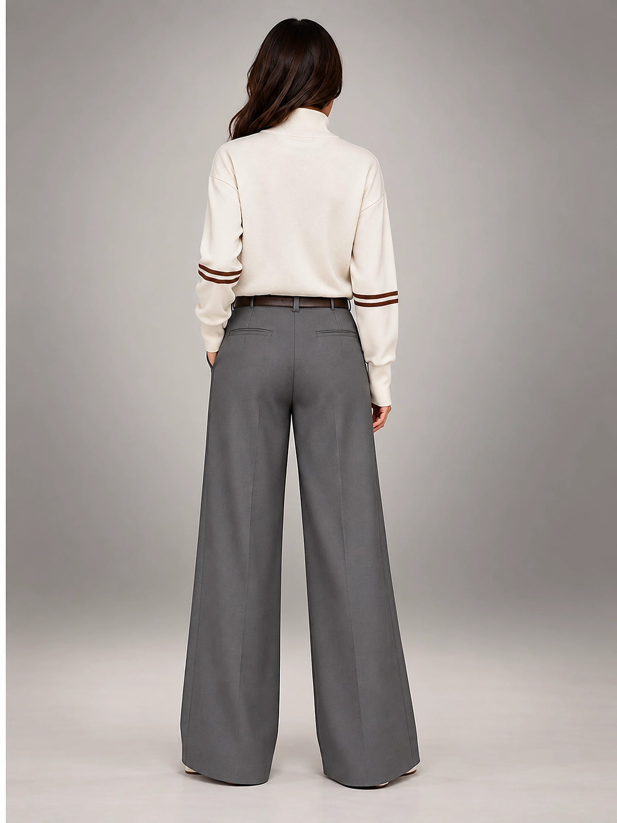 Women's Suit Pants – Belted High Waisted Wide Leg - Brown