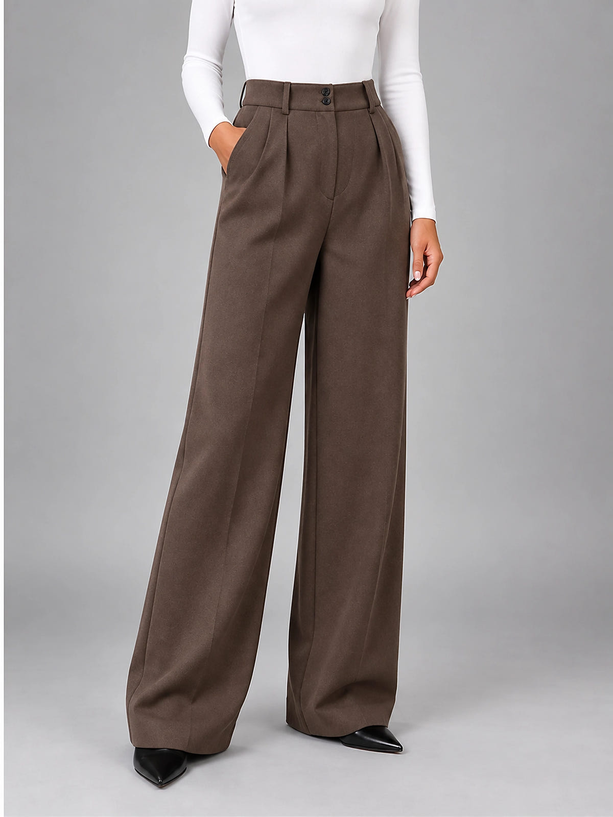 Women's Wool Blend Pants – Pleated Wide Leg - Coffee