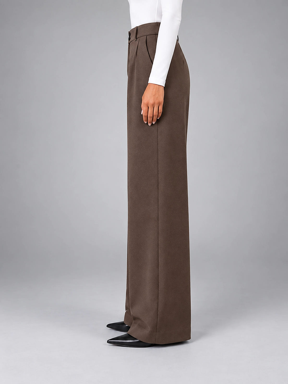 Women's Wool Blend Pants – Pleated Wide Leg - Coffee