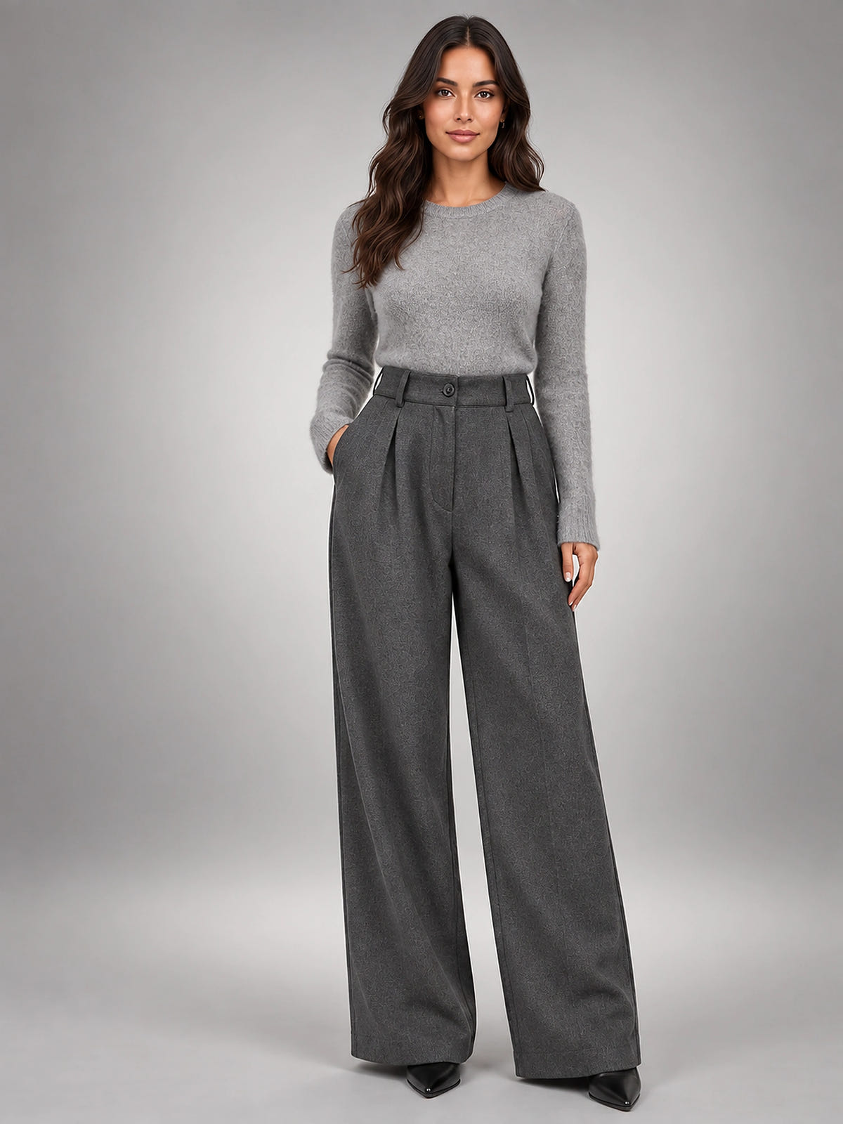 Women's Wool Blend Pants – Pleated Wide Leg - Gray