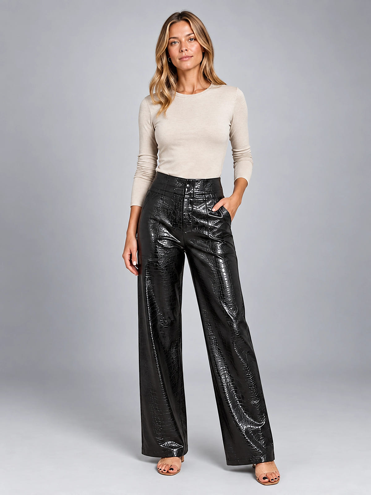 Women's Croc Embossed Pants – Faux Leather Straight Leg - Black