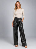 Women's Croc Embossed Pants – Faux Leather Straight Leg - Black
