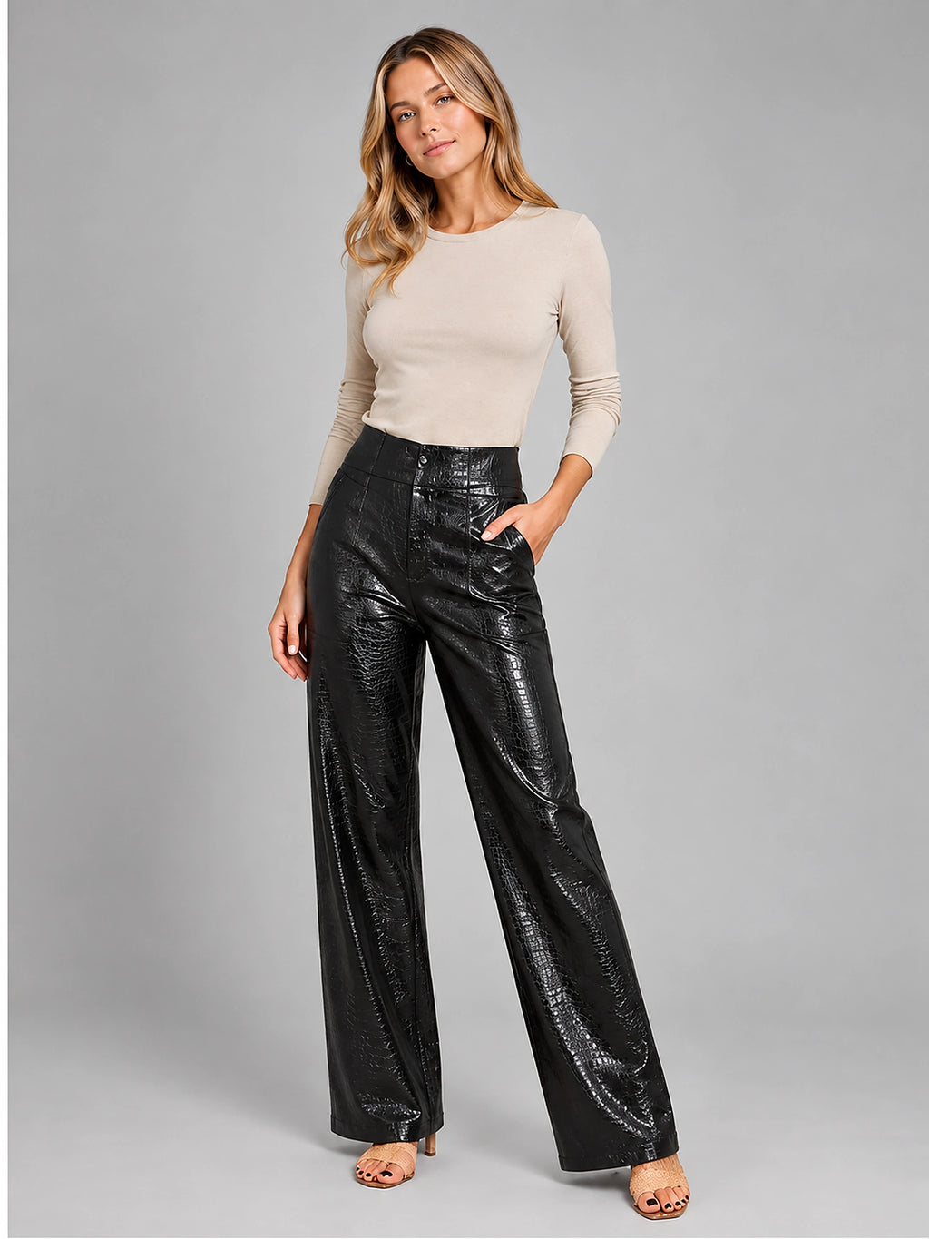 Women's Croc Embossed Pants – Faux Leather Straight Leg - Black