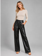 Women's Croc Embossed Pants – Faux Leather Straight Leg - Black