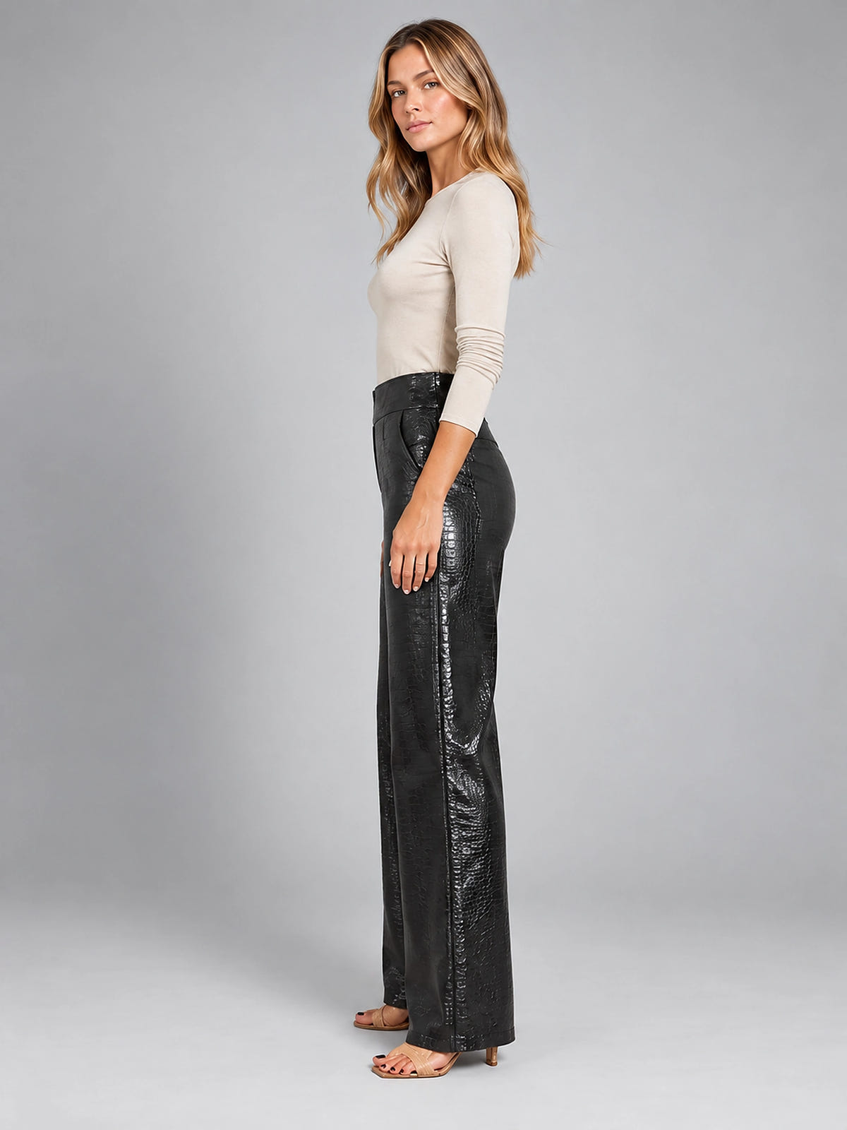 Women's Croc Embossed Pants – Faux Leather Straight Leg - Black