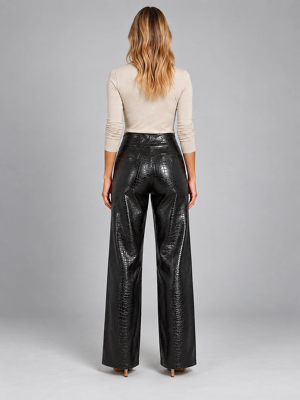 Women's Croc Embossed Pants – Faux Leather Straight Leg - Black