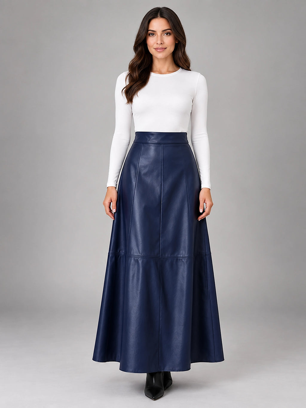 Women's Faux Leather Maxi Skirt – Smooth High Rise A-Line - Navy