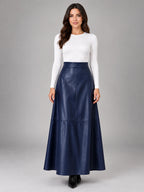 Women's Faux Leather Maxi Skirt – Smooth High Rise A-Line - Navy