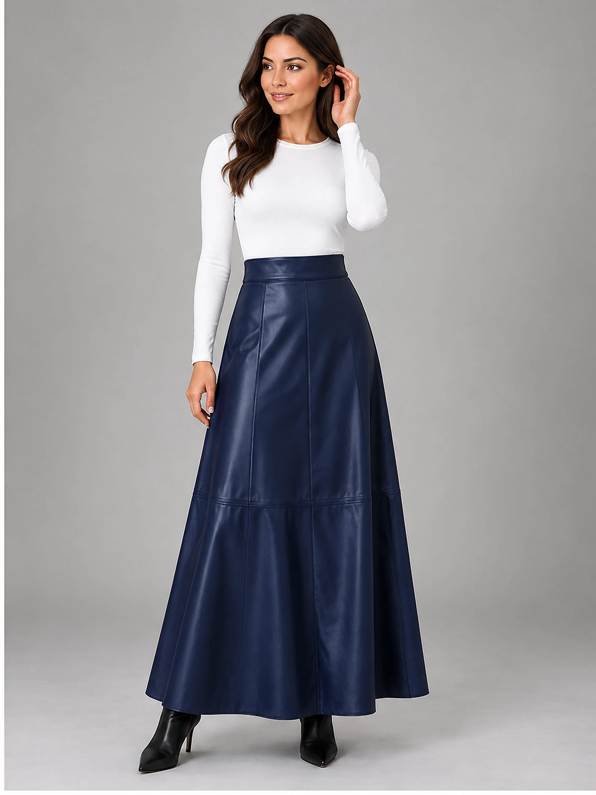 Women's Faux Leather Maxi Skirt – Smooth High Rise A-Line - Navy