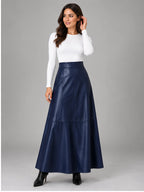 Women's Faux Leather Maxi Skirt – Smooth High Rise A-Line - Navy
