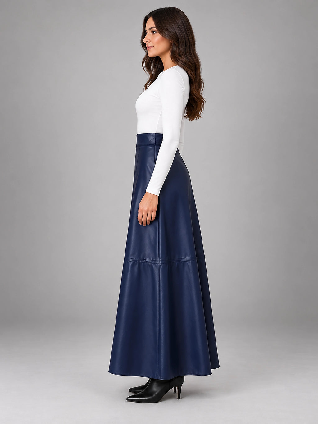 Women's Faux Leather Maxi Skirt – Smooth High Rise A-Line - Navy
