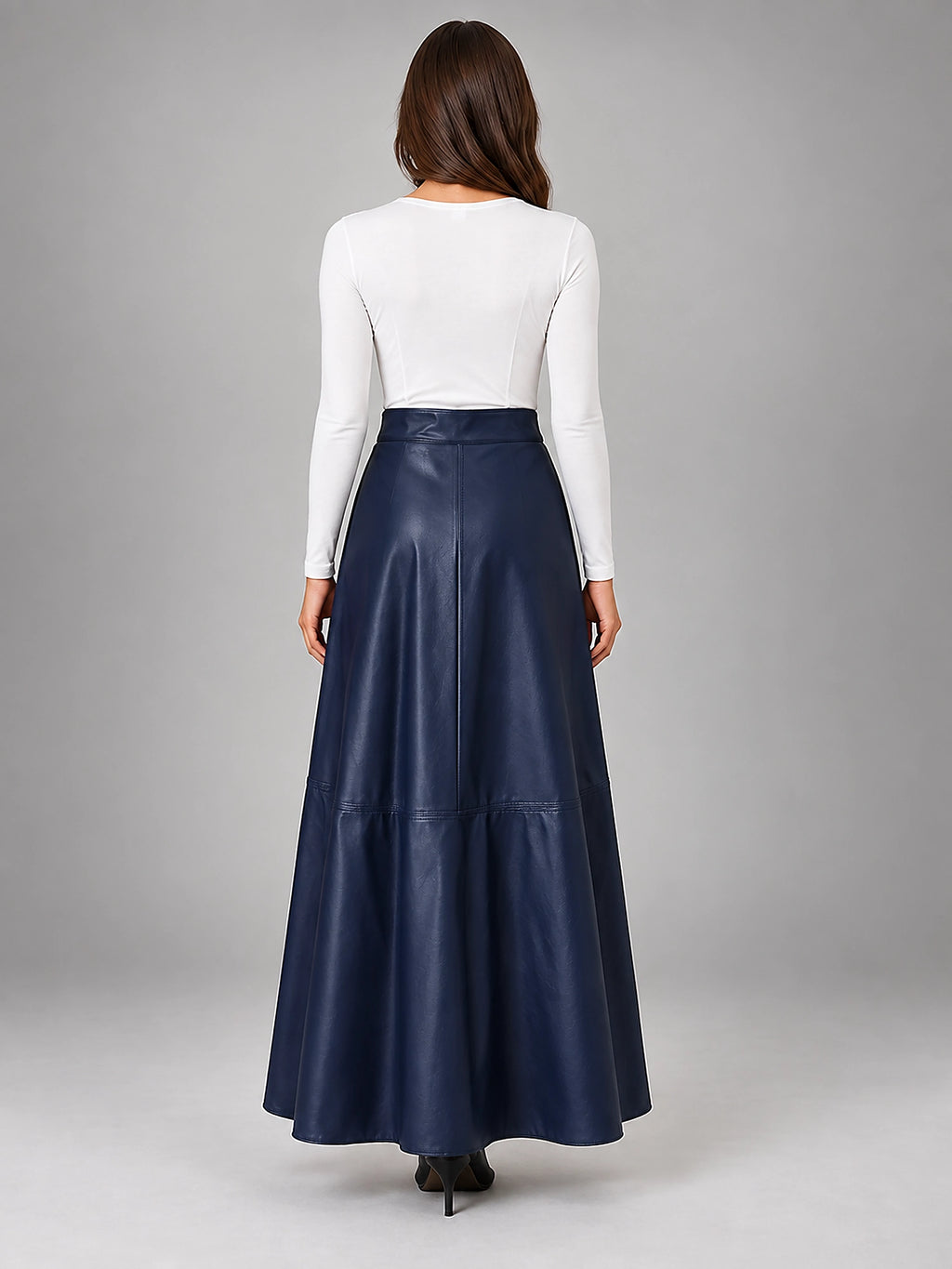 Women's Faux Leather Maxi Skirt – Smooth High Rise A-Line - Navy