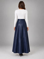 Women's Faux Leather Maxi Skirt – Smooth High Rise A-Line - Navy