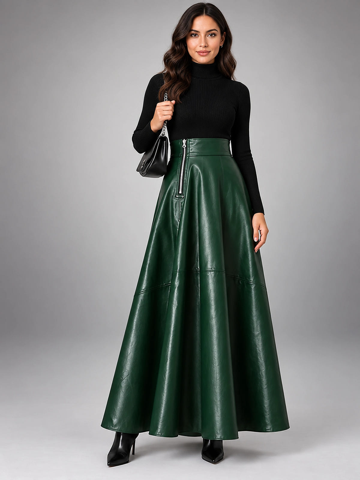 Women's Faux Leather Maxi Skirt – Smooth High Rise A-Line - Green