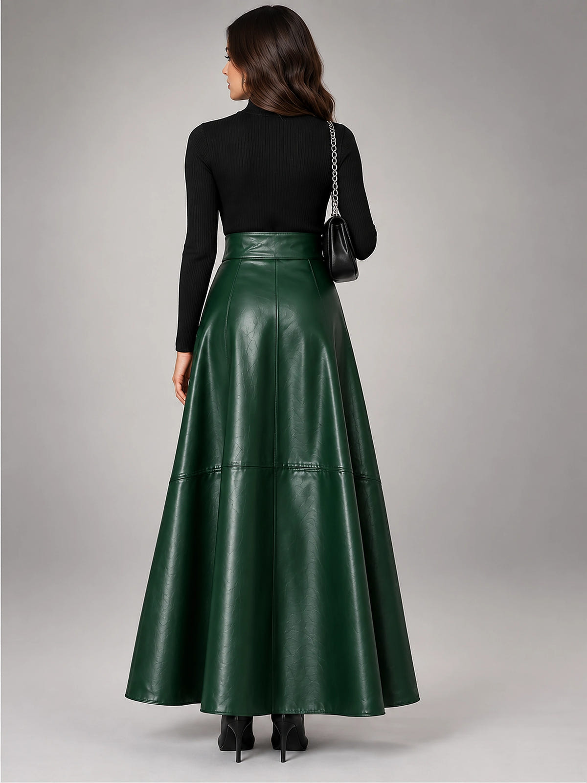 Women's Faux Leather Maxi Skirt – Smooth High Rise A-Line - Green