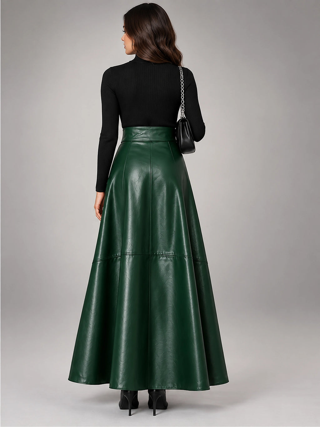 Women's Faux Leather Maxi Skirt – Smooth High Rise A-Line - Green