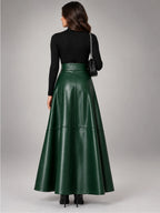 Women's Faux Leather Maxi Skirt – Smooth High Rise A-Line - Green