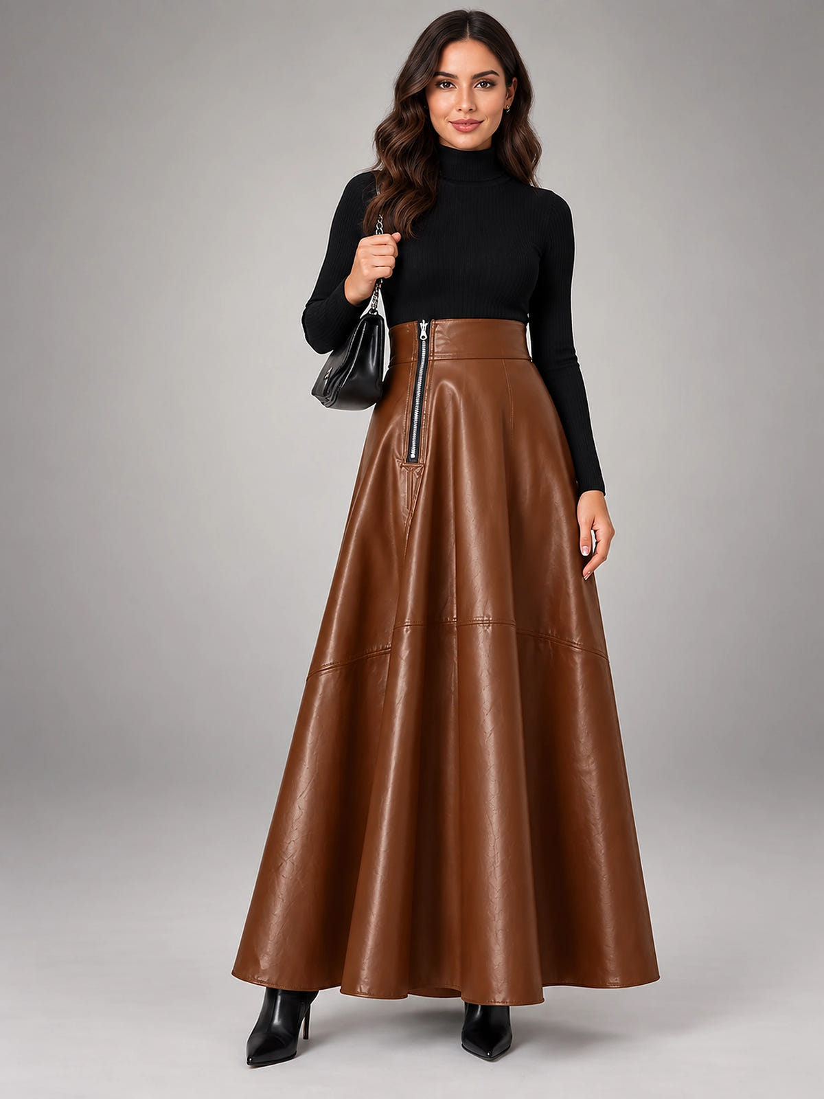 Women's Faux Leather Maxi Skirt – Smooth High Rise A-Line - Cognac