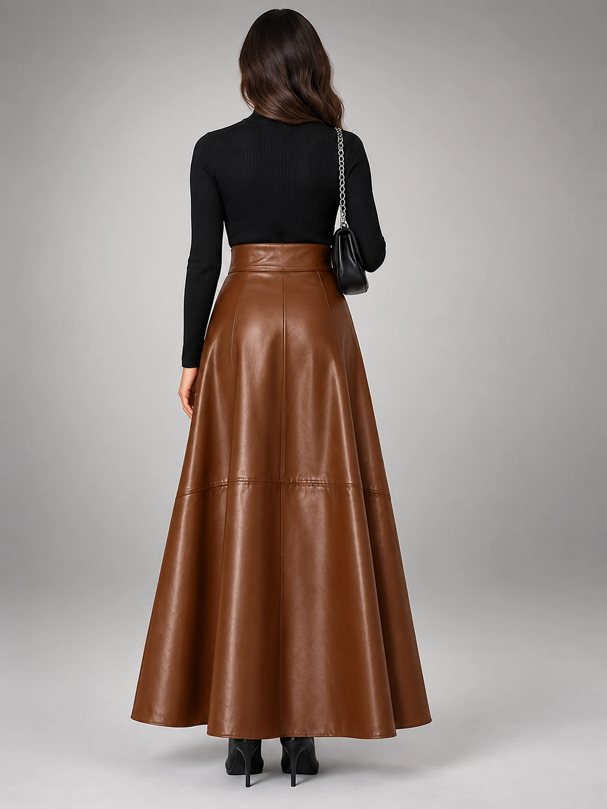 Women's Faux Leather Maxi Skirt – Smooth High Rise A-Line - Cognac