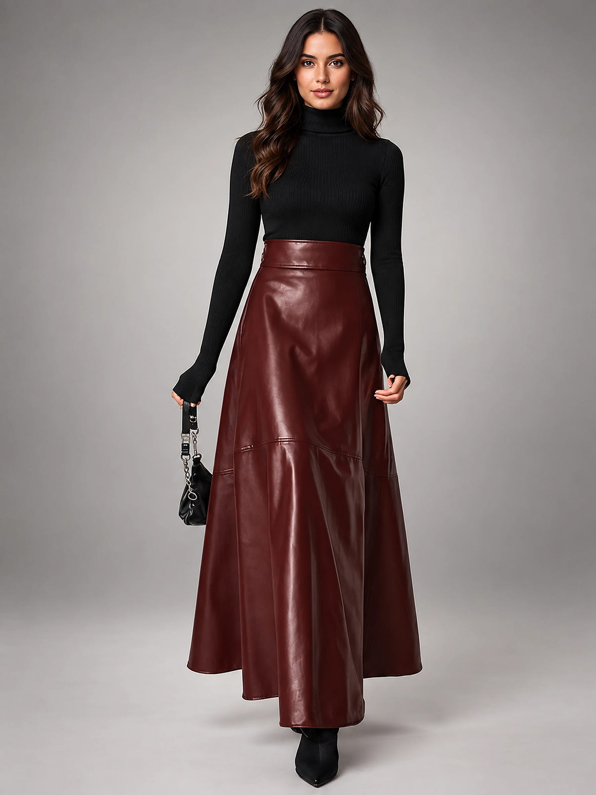 Women's Faux Leather Maxi Skirt – Smooth High Rise A-Line - Dark Red