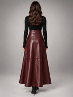Women's Faux Leather Maxi Skirt – Smooth High Rise A-Line - Dark Red