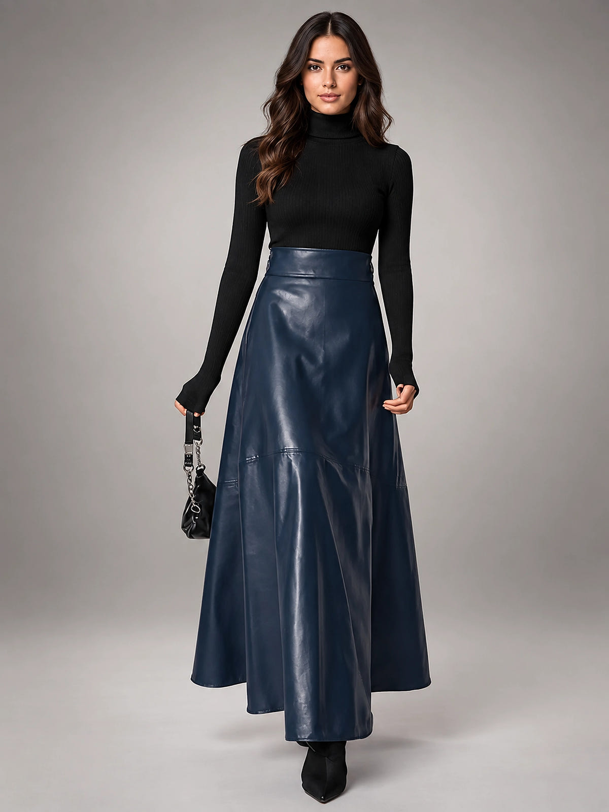 Women's Faux Leather Maxi Skirt – Smooth High Rise A-Line - Dark Blue