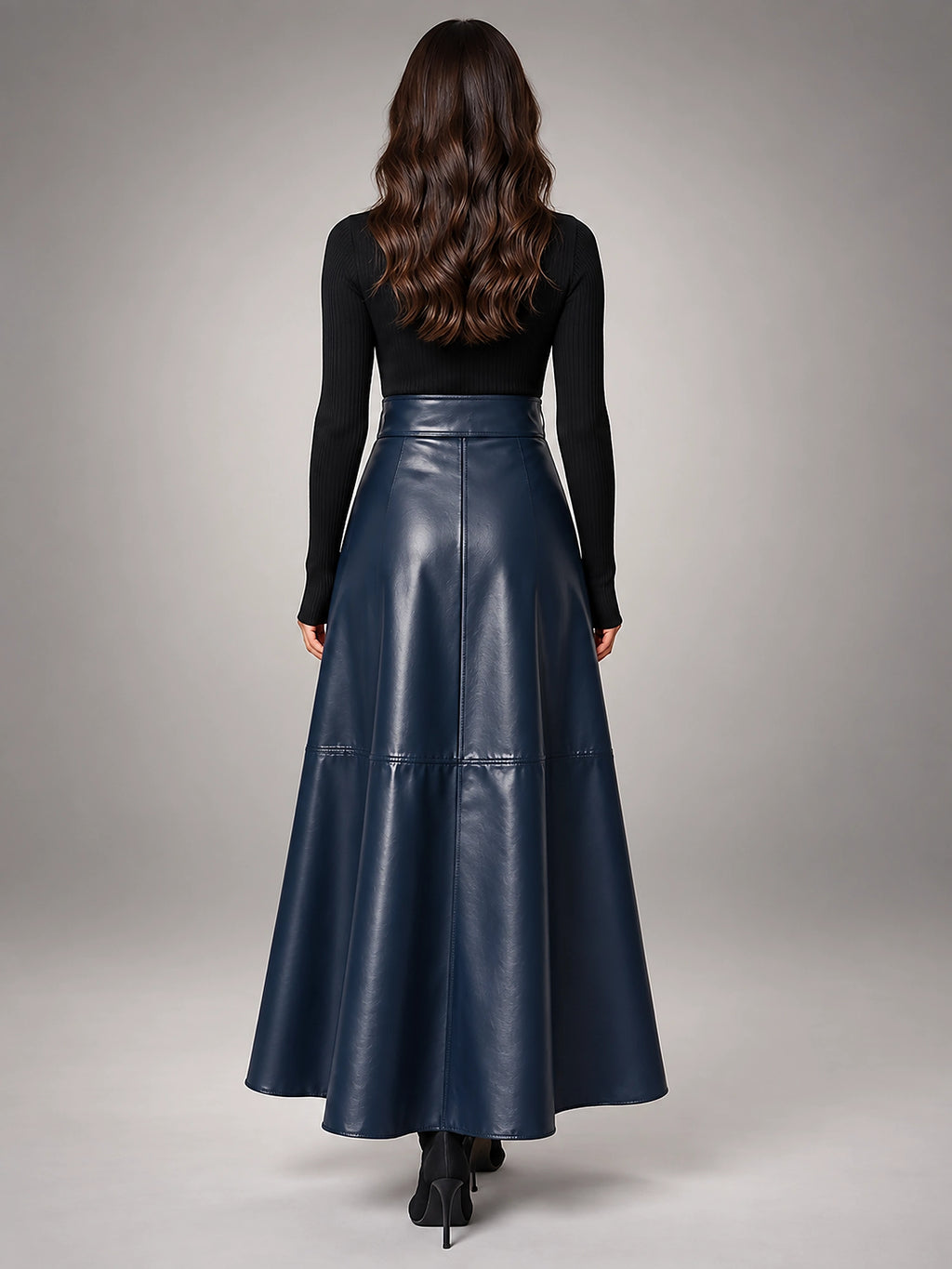 Women's Faux Leather Maxi Skirt – Smooth High Rise A-Line - Dark Blue