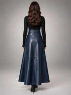 Women's Faux Leather Maxi Skirt – Smooth High Rise A-Line - Dark Blue