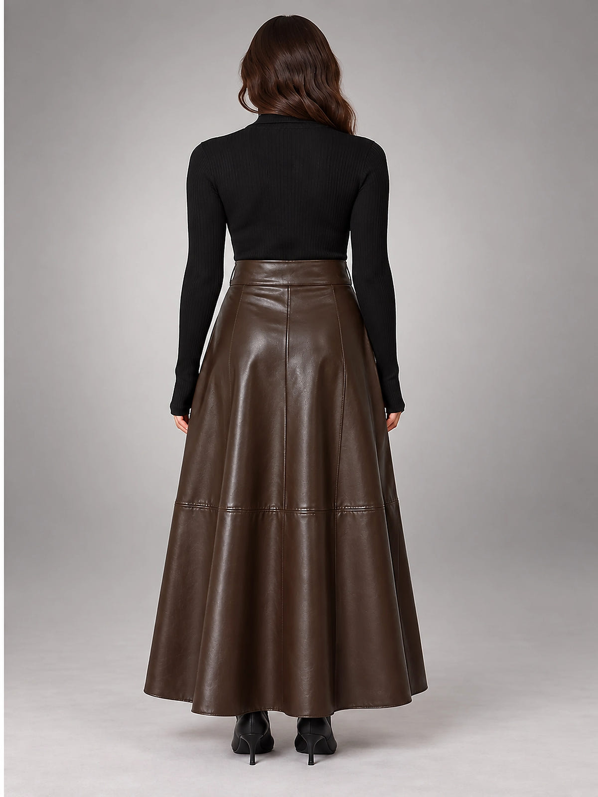 Women's Faux Leather Maxi Skirt – Smooth High Rise A-Line - Brown