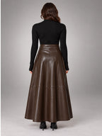 Women's Faux Leather Maxi Skirt – Smooth High Rise A-Line - Brown