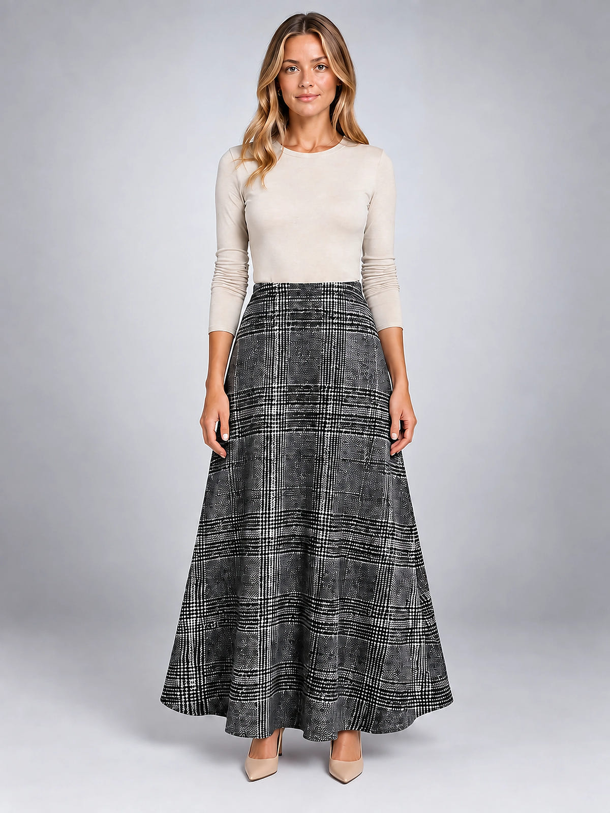 Women's Plaid Maxi Skirt – Full Length High Rise Check - Gray Plaid