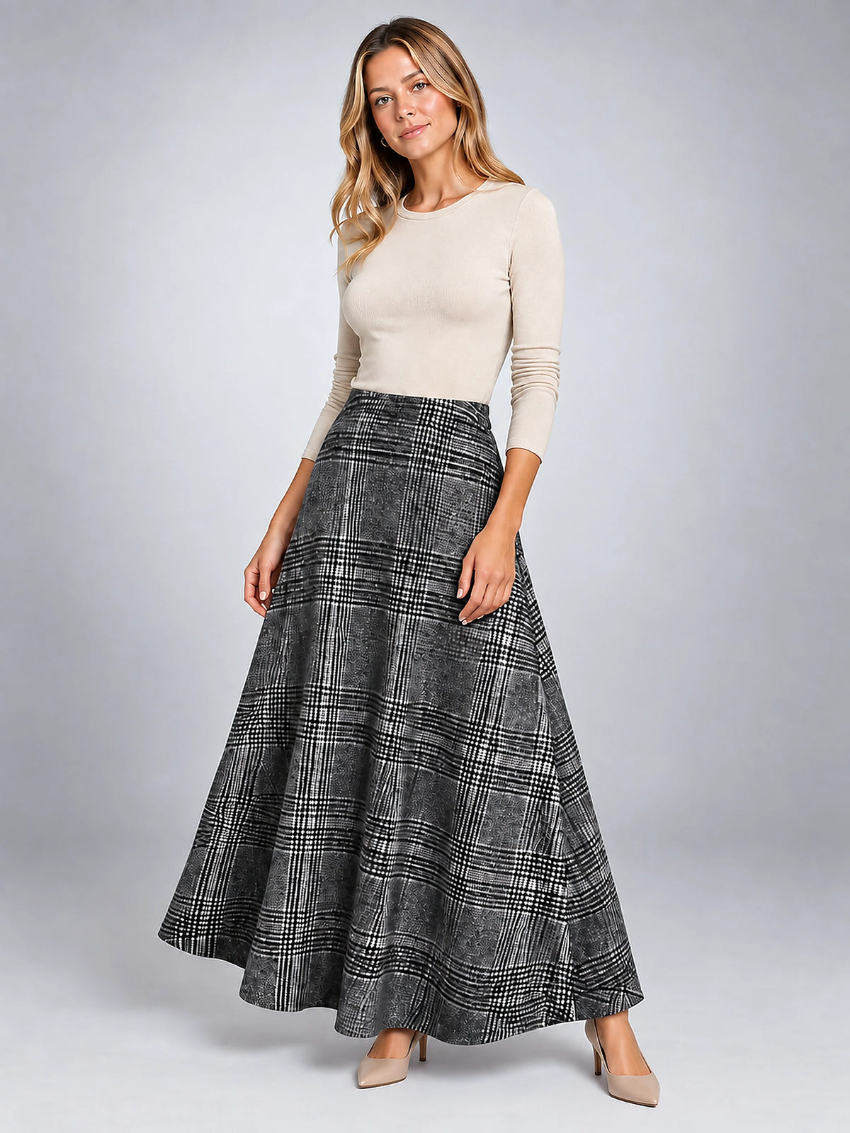 Women's Plaid Maxi Skirt – Full Length High Rise Check - Gray Plaid