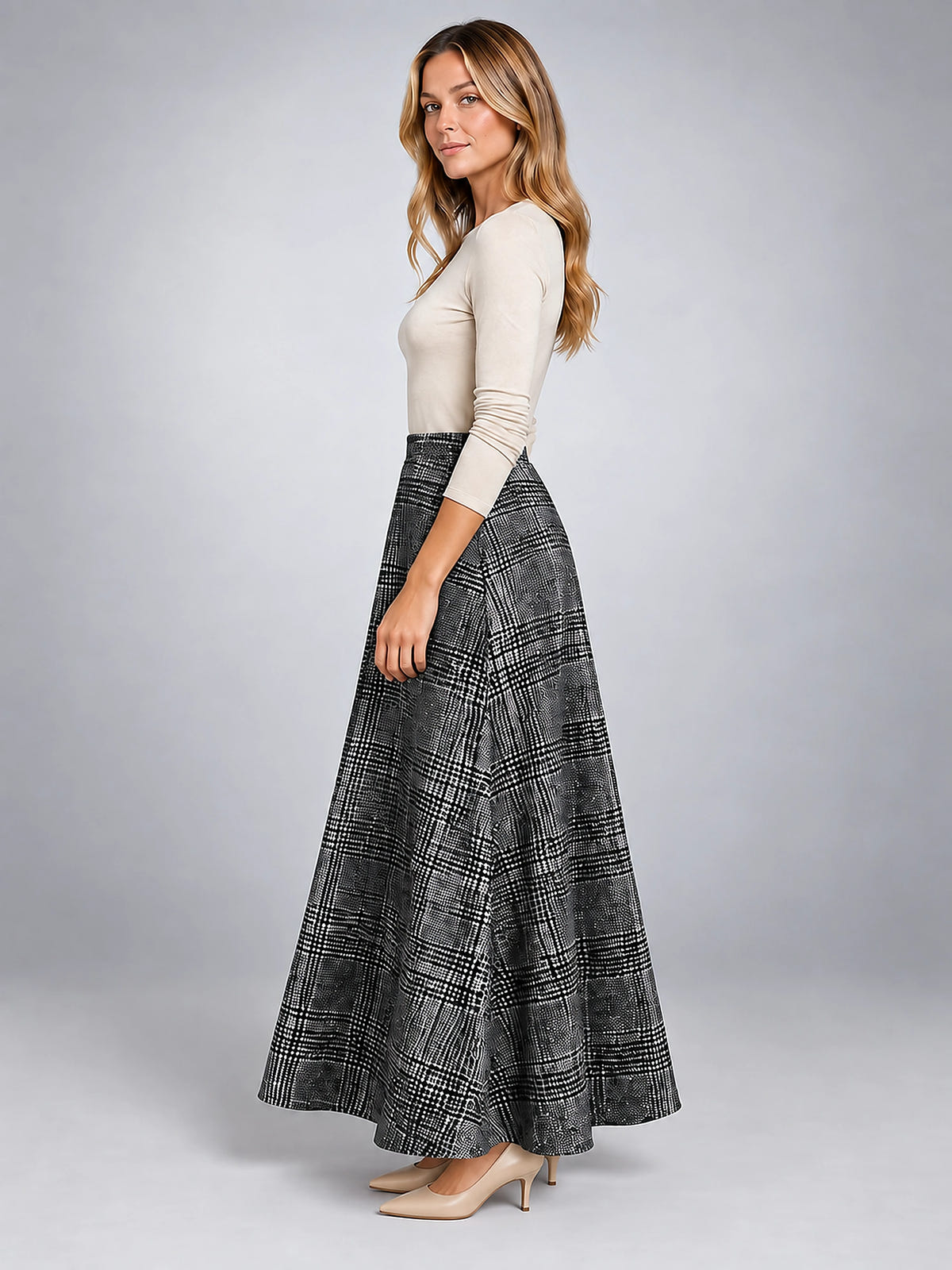 Women's Plaid Maxi Skirt – Full Length High Rise Check - Gray Plaid