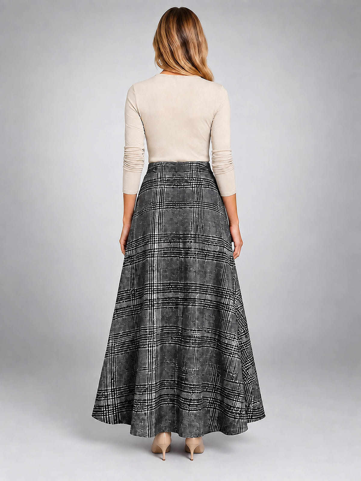 Women's Plaid Maxi Skirt – Full Length High Rise Check - Gray Plaid