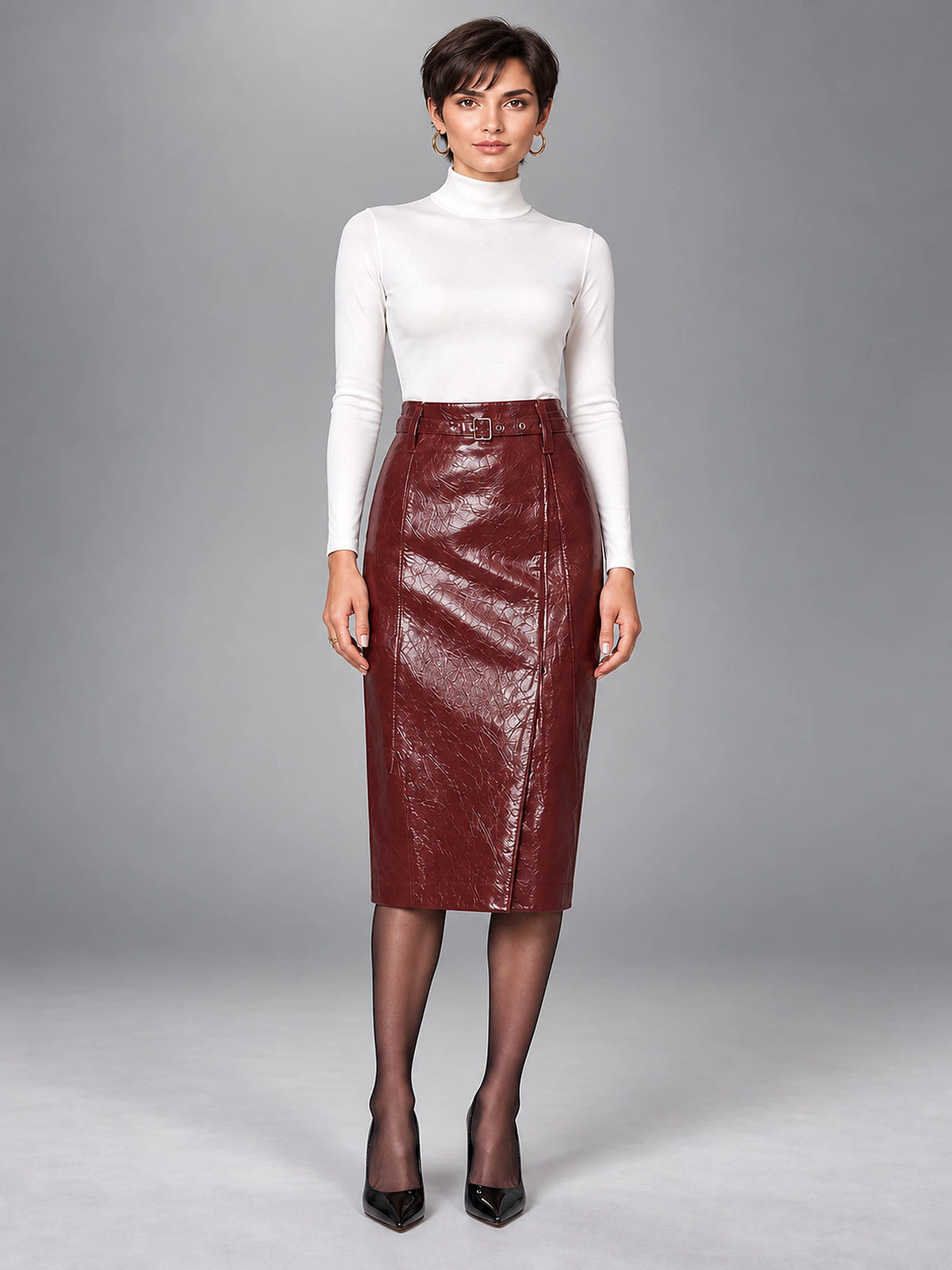 Women's Patent Faux Leather Pencil Skirt – Knee Length - Wine Red