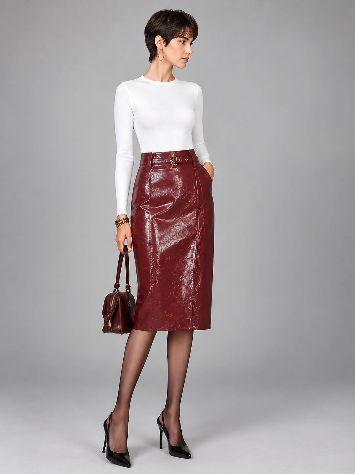 Women's Patent Faux Leather Pencil Skirt – Knee Length - Wine Red