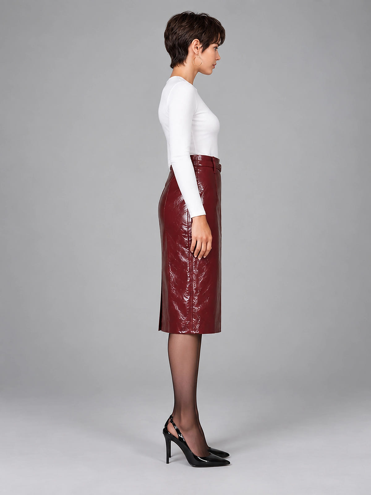 Women's Patent Faux Leather Pencil Skirt – Knee Length - Wine Red