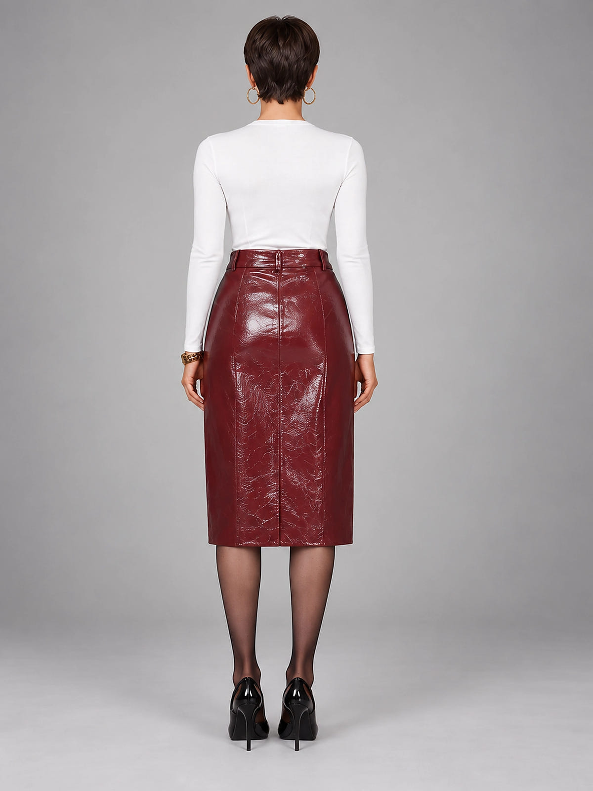 Women's Patent Faux Leather Pencil Skirt – Knee Length - Wine Red
