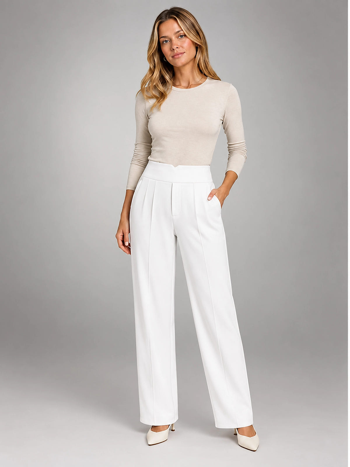 Women's Tailored Pants – High Waisted Straight Leg - White