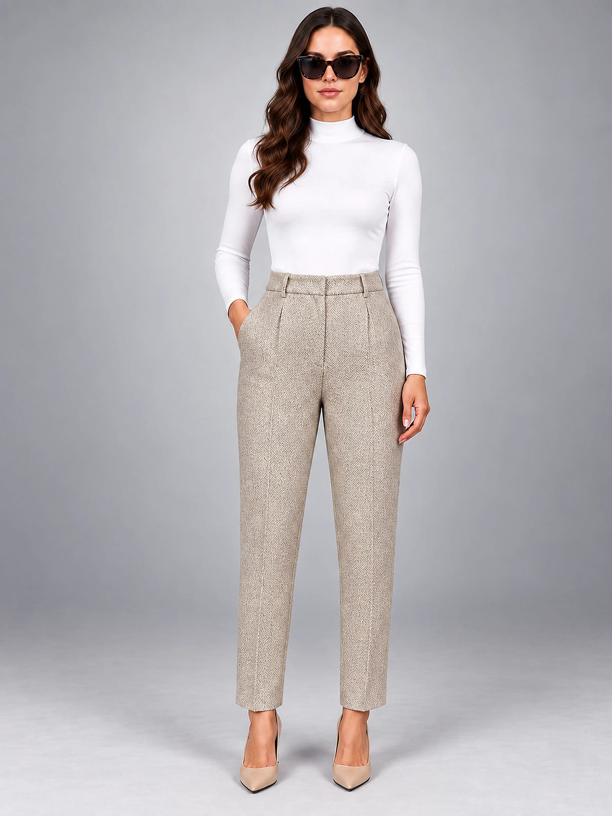 Women's Wool Blend Pants – High Waisted Tapered - Cream