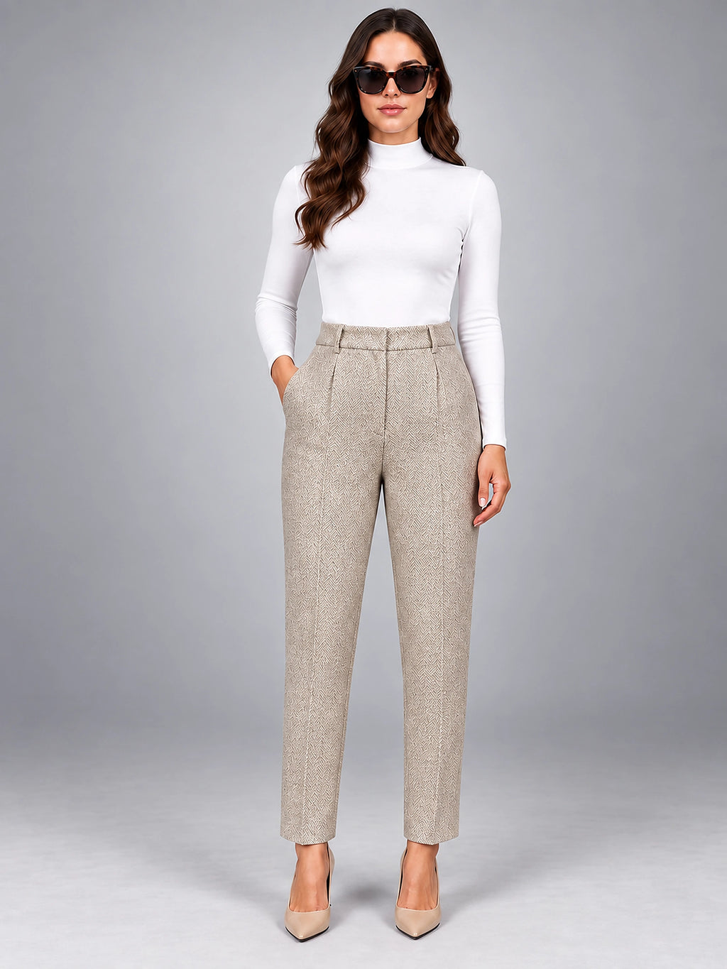 Women's Wool Blend Pants – High Waisted Tapered - Cream