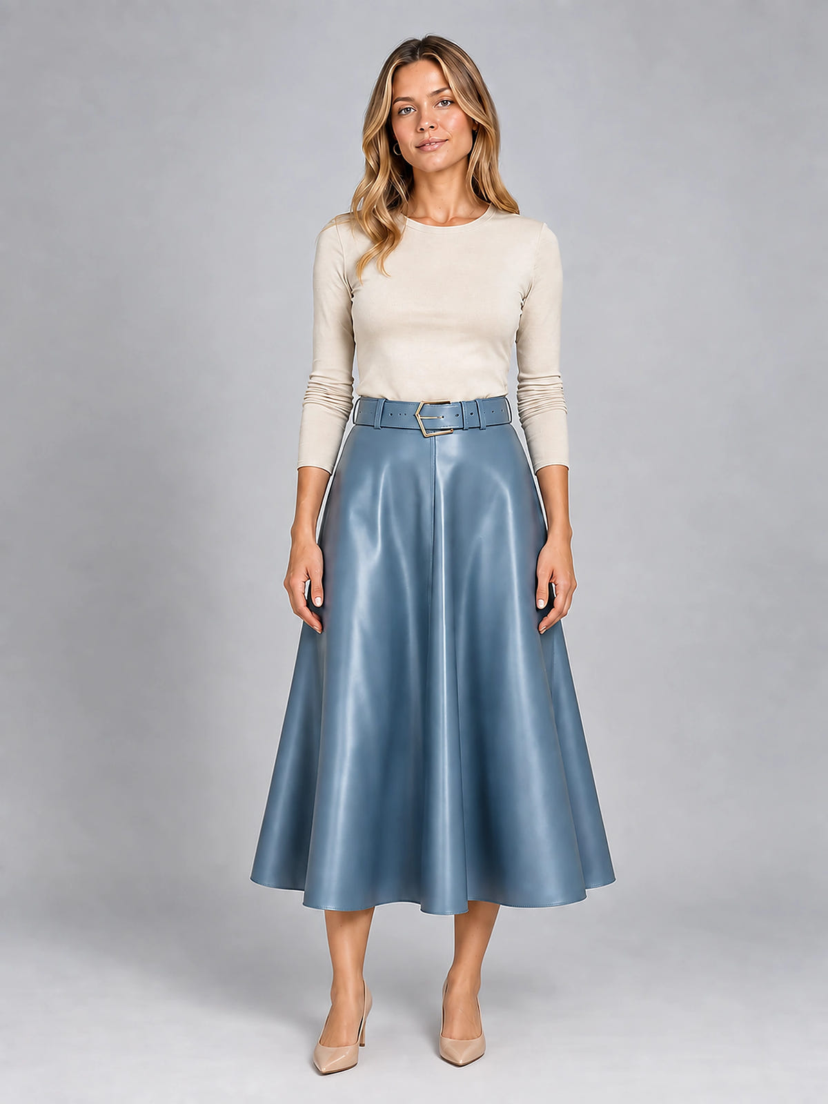 Women's Faux Leather Midi Skirt – Smooth Belted A-Line - Blue