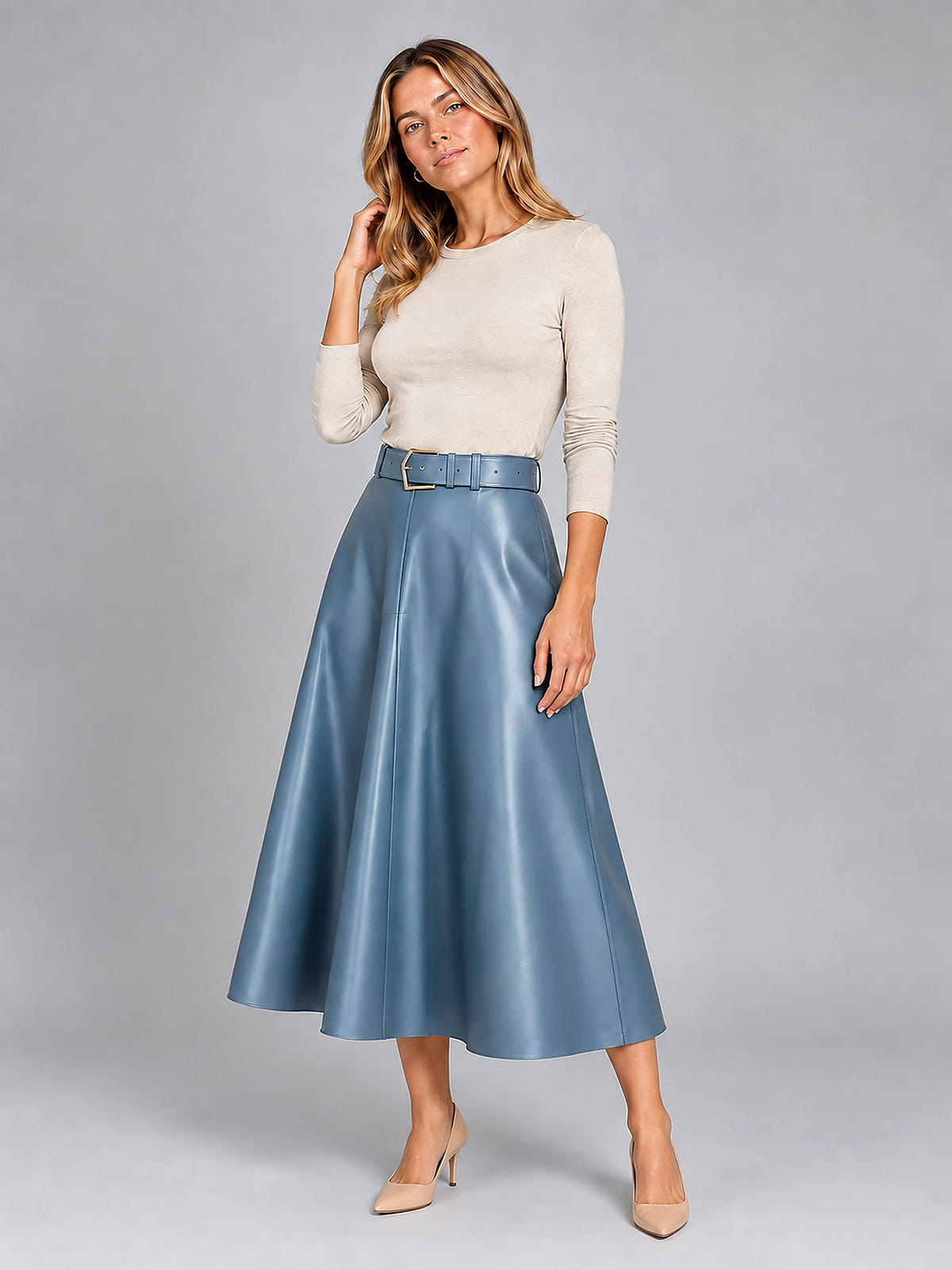 Women's Faux Leather Midi Skirt – Smooth Belted A-Line - Blue