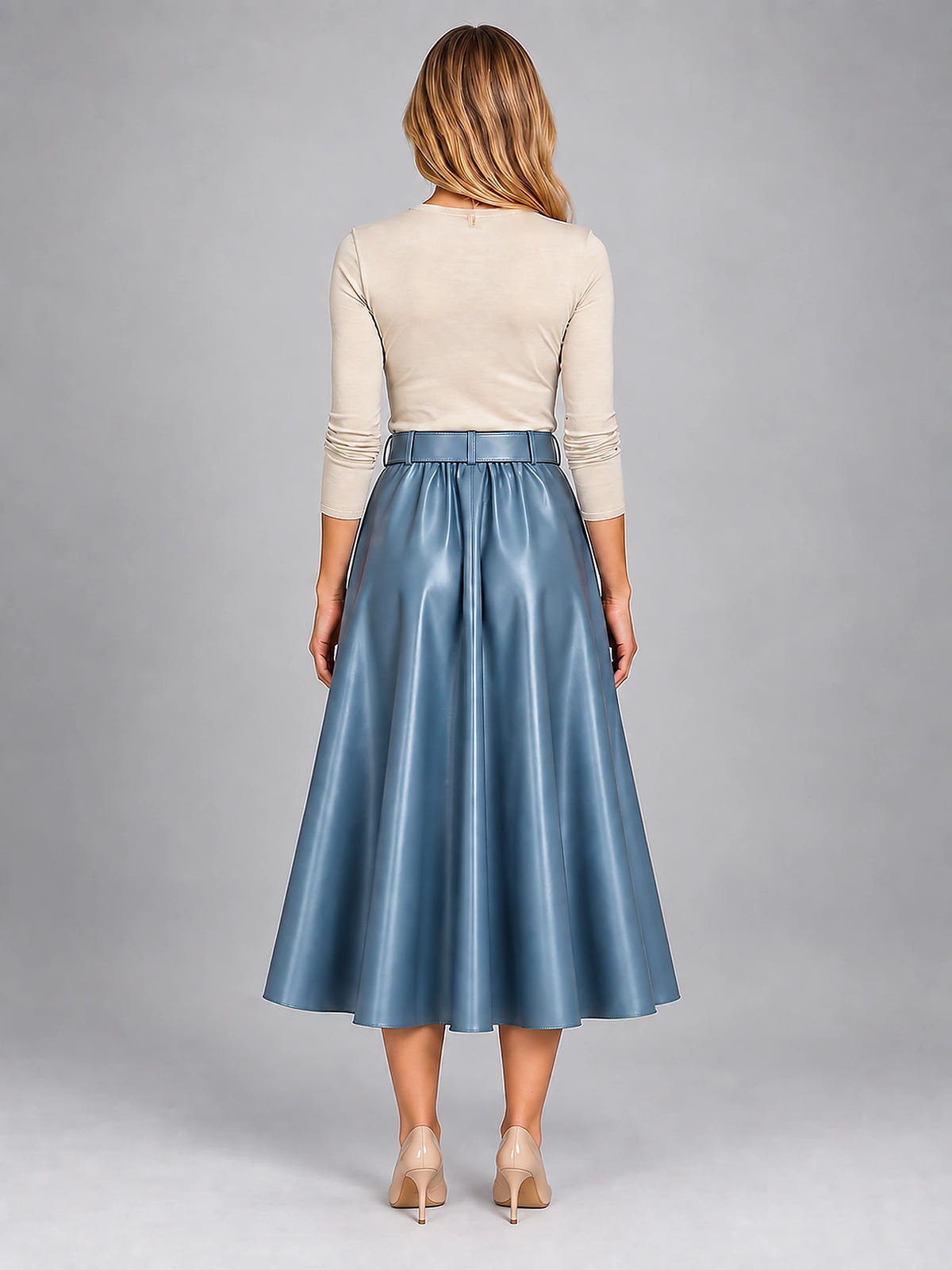Women's Faux Leather Midi Skirt – Smooth Belted A-Line - Blue