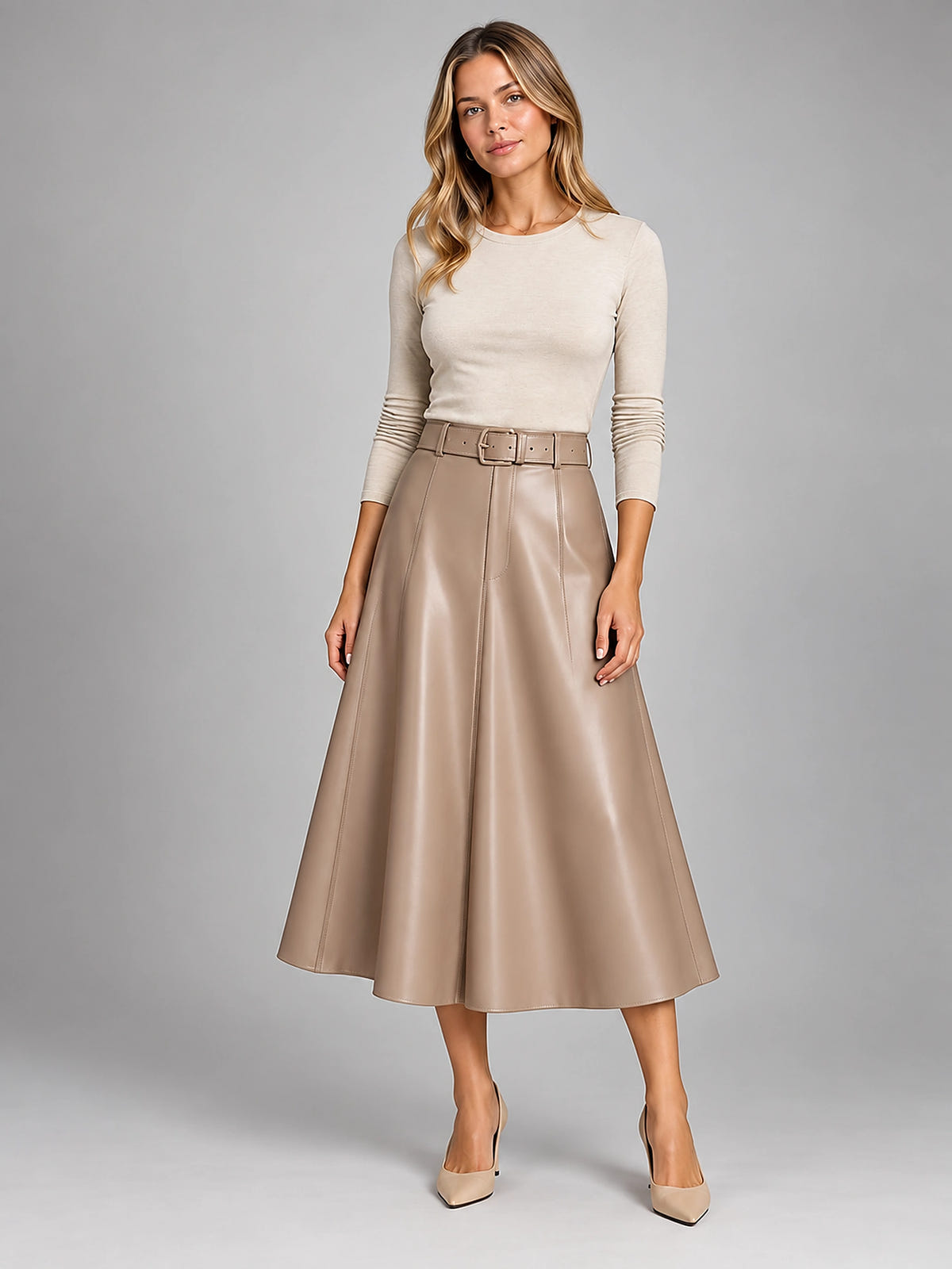 Women's Faux Leather Midi Skirt – Smooth Belted A-Line - Khaki