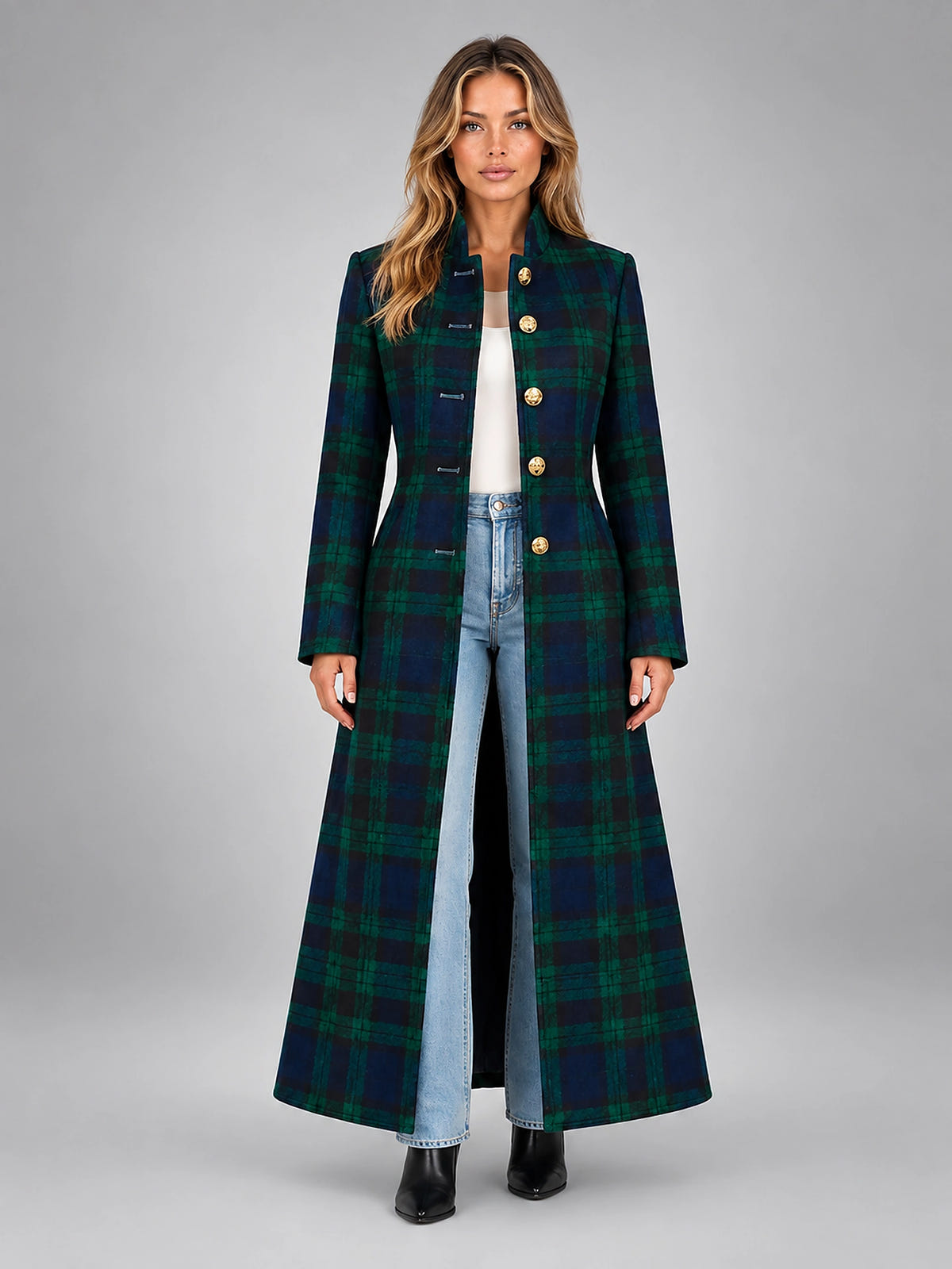 Women's Plaid Coat – Long Military Style - Green/Navy
