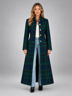 Women's Plaid Coat – Long Military Style - Green/Navy